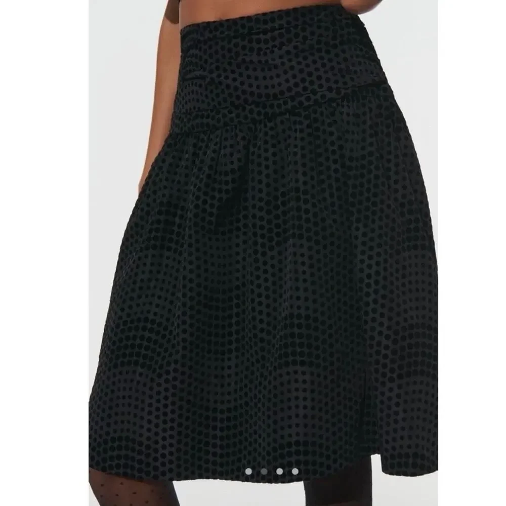 Maeve Anthropologie Womens Taffeta Dot Midi Skirt Black Noir Size 12 NWT